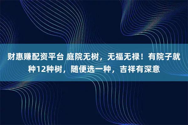 财惠赚配资平台 庭院无树，无福无禄！有院子就种12种树，随便选一种，吉祥有深意
